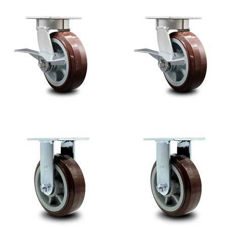 Service Caster 6 Inch Kingpinless Poly on Polyolefin Wheel Caster Brakes 2 Rigid SCC, 2PK SCC-KP30S620-PPUR-SLB-2-R-2